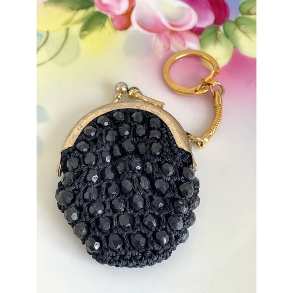 Vintage 1960s Black Beaded coin/Change Purse Key Chain - Picture 1 of 8